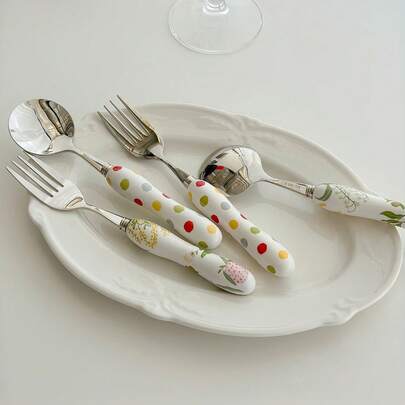 一套复古彩色波点陶瓷柄304不锈钢餐勺和餐叉，可爱西式牛排刀和餐叉