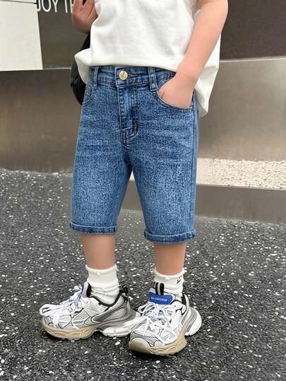 Quần short denim nam phong cách tối giản mùa hè, in hình ria mèo và vương miện.
