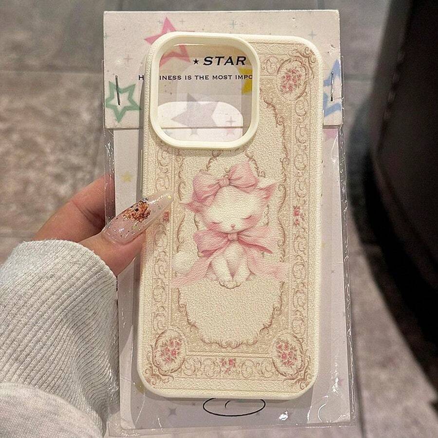 1pc TPU Material Elegant Pink Floral Bow Tie Cat Pattern Phone Case Compatible With Iphone 17 Pro Max/17/16 Pro Max/15/13/12/11, S20 FE/A15/S24/A55, Note 11/Note 12/Note 13 Pro, Full Coverage Anti-Drop Soft Protective Phone Cover - White - View 1