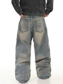 1件 Justice Brother 复古字母刺绣男士休闲宽松阔腿牛仔裤，港式风格（不含腰带/配饰） - 藍色 - 查看 2