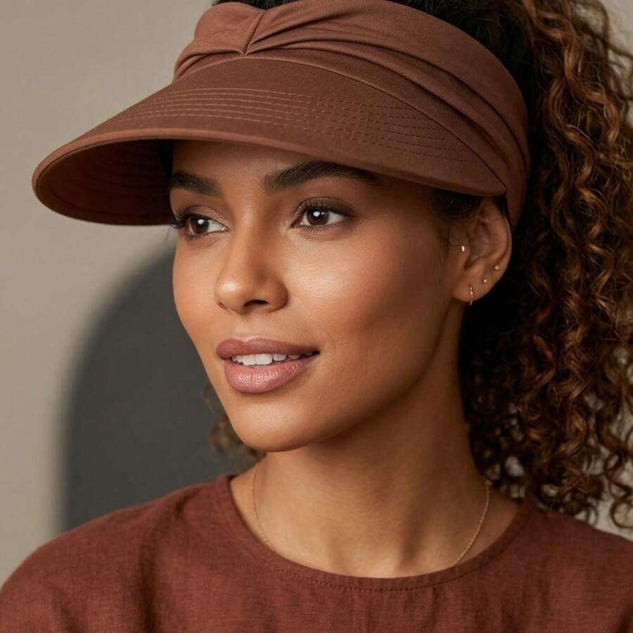 Women's Wide Brim Turban Visor With UV50+ Protection, Beach, Pool, Foldable, Adjustable, Summer - Chocolate Brown - View 1