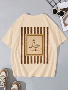 Mädchen Vintage Lustiges T-Shirt, Locker Retro Stempel Enten Muster T-Shirt, Lässiges Rückkehr zur Schule Straßen-Stil Top für den Sommer - Aprikosenfarben - Übersicht 3