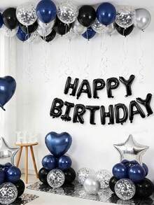 16/60/560件海軍藍黑色生日裝飾 - 生日快樂橫幅 + 心形鋁箔氣球 + 藍黑銀乳膠氣球，適合男性生日派對、暗黑美學派對裝飾、浪漫之夜、週年紀念、飯店驚喜、拍照道具 - 款式一 - 查看 9