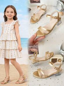 Giày sandal quai mảnh màu vàng ánh kim cho bé gái | Quai ngang điều chỉnh được và gót vuông | Giày dạ hội tối giản - Vàng - Xem 3