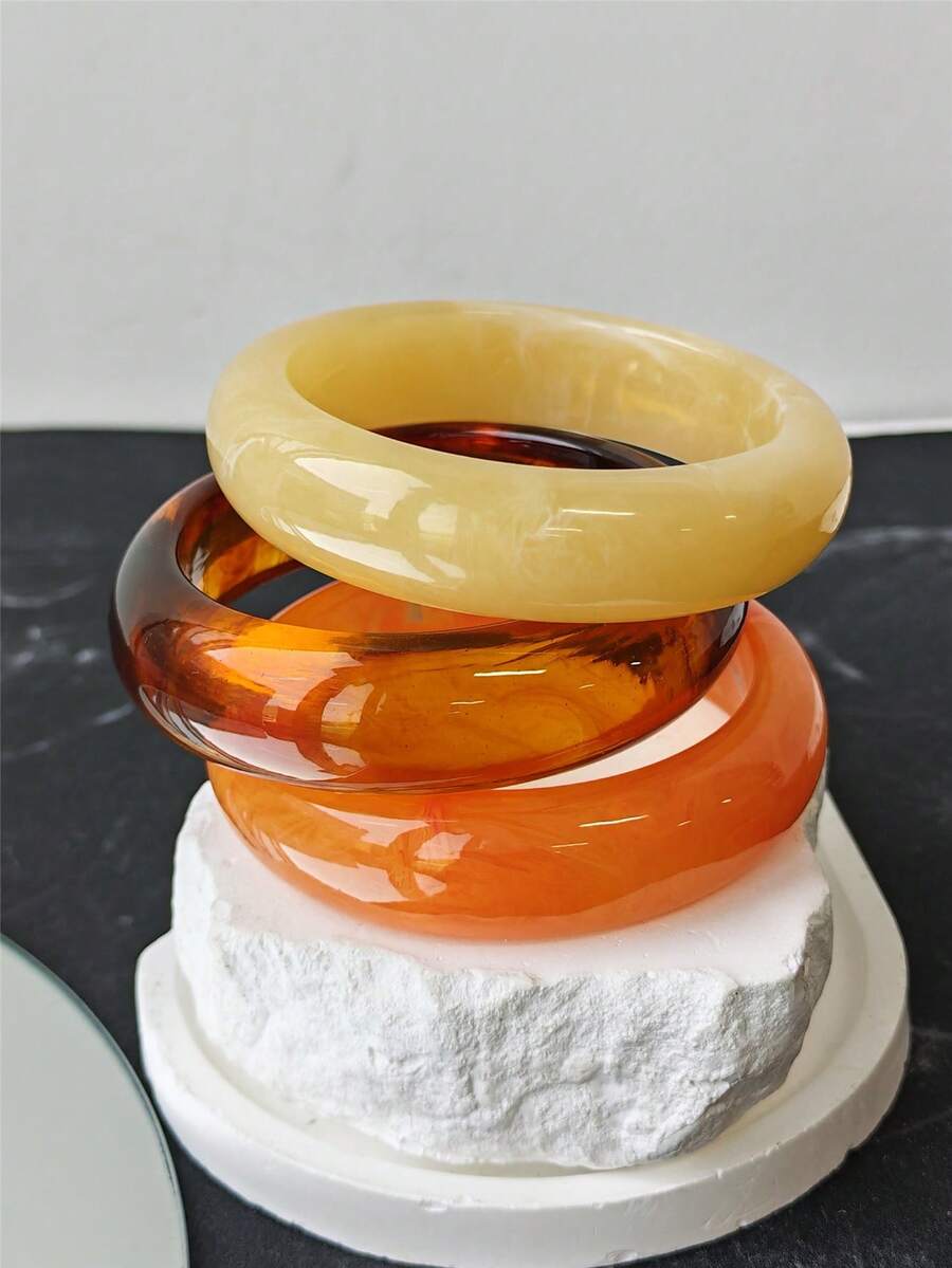 3pcs Orange Resin Bangle Set, Minimalist Thick Geometric Bracelet Combination, Suitable For Daily Wear And Vacation - Multicolor - View 1