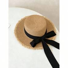 1pc Women's Fashion Straw Hat With Bow Decor, Elegant Bohemian Style Sun Hat For Beach, Travel, Everyday Wear And Party - Màu Khaki - Xem 5