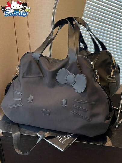 SANRIO 1 pieza - Bolso de viaje de gran capacidad y estilo corto de Hello Kitty, bolso de viaje de negocios, bolso de hombro casual, bolso de mano de dibujos animados para mujeres, color rosa y negro lindo, adecuado para viajes de negocios, deportes y acondicionamiento físico. Con bolsillo para etiqueta de equipaje en la parte trasera, fácil de llevar. Este bolso de viaje multifuncional es unisex, una opción ideal para viajes de vacaciones.