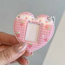 Móc khóa đựng thẻ ảnh hình trái tim dâu tây dễ thương 1 inch, họa tiết kẻ caro hồng Kawaii, dùng để đựng thẻ ID mini và mặt dây chuyền. - Màu sắc - Xem 8
