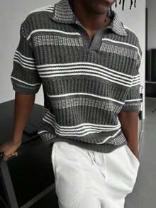 Men's Hollow Out Semi-Sheer Striped Knit Short Sleeve Polo Shirt, Comfortable Breathable Lightweight Knit Top For Casual Wear, Suitable For Vacation And Valentine's Day - 深灰色 - 查看 2