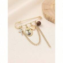 1pc Classic Stainless Steel Jesus Mary Holy Cross & Heart Pendant Tassel Brooch Pin, Suitable For Women Clothing Waist Chain, Hat Decor, Versatile Accessory - Vàng - Xem 5