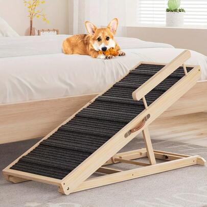 Dog Ramp For Bed, 44'' Wooden Puppy Ramp With Safety Guards, Heights Adjustable Doggie Stair Foldable Old Dog Ramp For Couch, Sofa, Car, Easy To Storage, Hold Up To 250lb, Dog Step For Indoor Outdoor, Dog Furniture