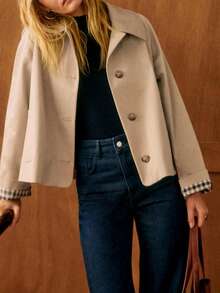 Women's Plaid Lining Short Trench Coat, Lightweight Button Down Jacket With Pockets, Casual Preppy Workwear For Spring Summer - Màu be - Xem 5