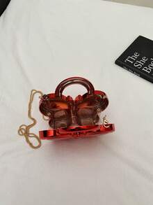 Women's Fashionable Solid Color Acrylic Butterfly Mini Bag, Lipstick Pouch, Chain Shoulder Crossbody Bag - Red - View 4