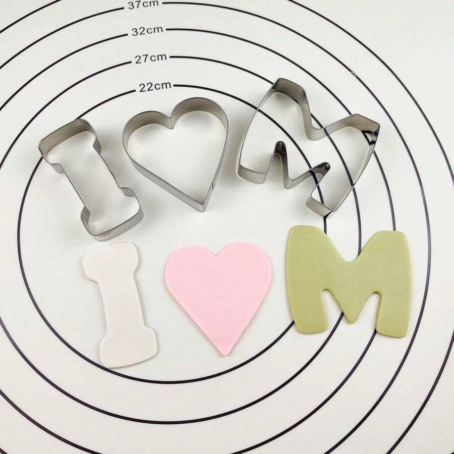3pcs Stainless Steel Cookie Cutter Set For Mother's Day & Valentine's Day, "I Love You" & Heart Shaped Bread Mold, Home Baking Tool - Multicolor - View 1