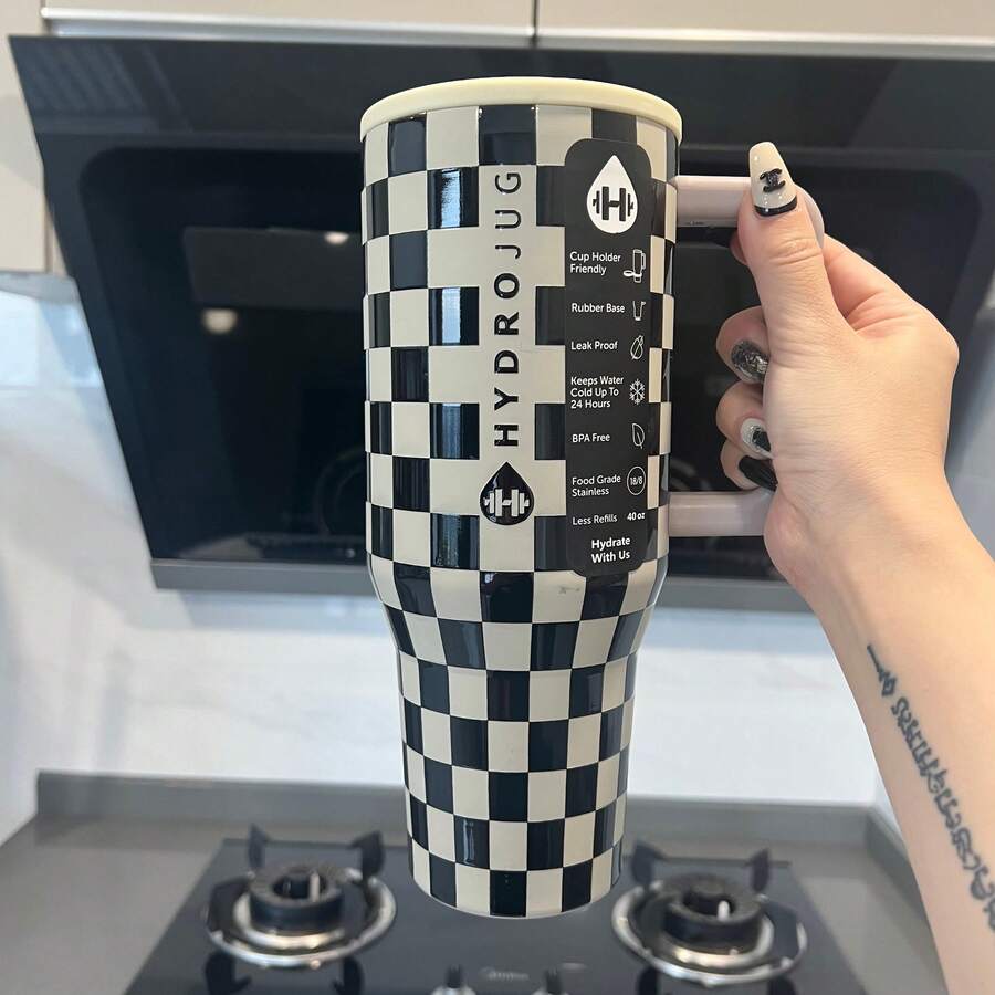 HYDRO-JUG, 40OZ, Leopard Print,Blair, Black Tie, Coffee Checkered, Black And White Checkered, Red Cowhide, Western Denim, Pink And White Checkered, Cherry, 40OZ Mug, Best-Selling Model, Large Capacity 40 Ounce Stainless Steel Vacuum Insulated Stainless Steel Water Bottle, With Handle Straw And Leak Proof Lid, Large Capacity, Suitable For Office Use. Suitable For Cars, Gyms, Outdoor Activities, Sports, Travel, Juice, Coffee, Suitable For Both Men And Women, It Is The Best Choice For Giving Love Gifts. Suitable For Teacher Gifts, Valentine's Day Gifts, Birthday Gifts, Thanksgiving Gifts, Christmas Gifts, Halloween Gifts, Halloween Party Gifts, Party Supplies And Other Scenarios. - kẻ ô đen trắng - Xem 1
