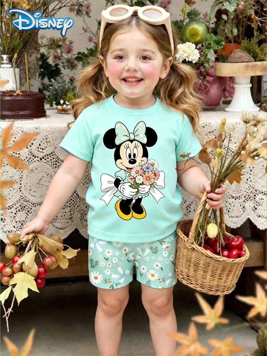 Disney 迪士尼夏季女婴两件套可爱米妮黛西印花短袖T恤和短裤套装,休闲女婴日常基础款蝴蝶结印花针织圆领T恤和碎花弹力腰短裤,户外度假装 - 薄荷綠 - 查看 1