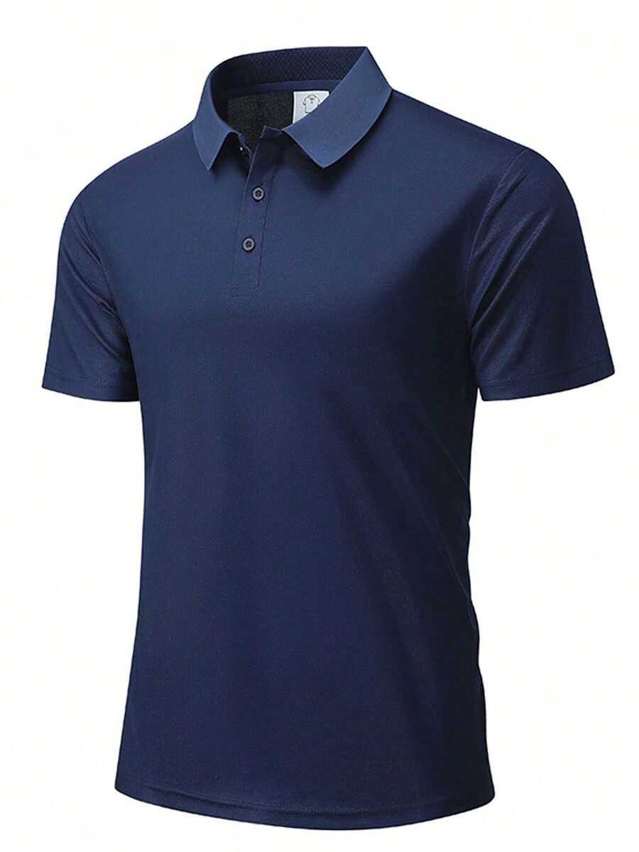 男士純黑色短袖 Polo 衫,經典領口 3 鈕扣門襟休閒運動上衣 - 藍色 - 查看 1