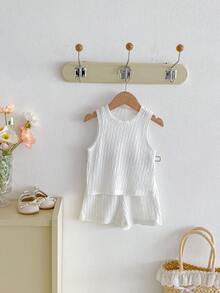 婴幼儿男女通用休闲套装 - 白色竖条纹无袖上衣+短裤两件套 - 白色 - 查看 2