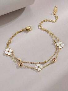 1pc Stainless Steel Four-Leaf Flower Beach Anklet For Women - Yellow Gold - View 5