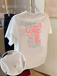 Top,Women Clothes,Valentine's Day>Clothes,Cute Top Front And Back Design Short-Sleeve T-Shirt - Cherry Cola, Women's Fashion Print, Spring-Summer T-Shirt, Fashion Item, Suitable For Birthday, Valentine's Day Gifts, And Daily Wearsummer Outfits For Women100 Percent Cotton Clothing - 白色 - 查看 6