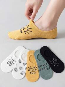 1/3/5 Pairs Cute Smiling Face Print No Show Socks For Women, Letter Pattern Invisible Boat Socks, Casual Daily Socks,Smiling Face Socks, No Show Socks, Invisible Socks, Boat Socks, Women Socks, Cute Socks, Letter Print Socks, Casual Socks - Multicolor - View 2