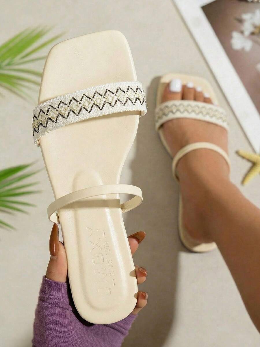 planare Giày sandal nữ thời trang thường ngày tối giản, kiểu dáng nghỉ dưỡng, kẻ sọc, hở mũi, dễ mang, thoải mái, nhẹ, màu be và đen, thích hợp cho mùa hè. - Màu be - Xem 1