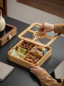1pc Wooden Tray With Dust Cover, Divided Storage Round Service Platter, Cafe Dessert Tray, Storage Dish, Cake And Snack Plate - Multicolor - View 8
