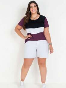 Women's Plus Size Tricolor Short-Sleeve Blouse, Casual T-Shirt With Round Neck - Burgundy - View 6