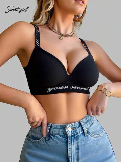 Women's Sexy Skin-Friendly Cleavage-Enhancing Black Letter Patchwork Lingerie, French Romantic Casual Versatile Mature Charm Polka Dot Strap Bra, Anti-Sagging Uplift Cleavage Bra