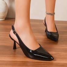 Women's Solid Glossy PU Pointed Toe Buckle Strap High Heel Shoes, Fashion For Western-Style Wedding, Party, Date And Other Occasions - Black - View 3