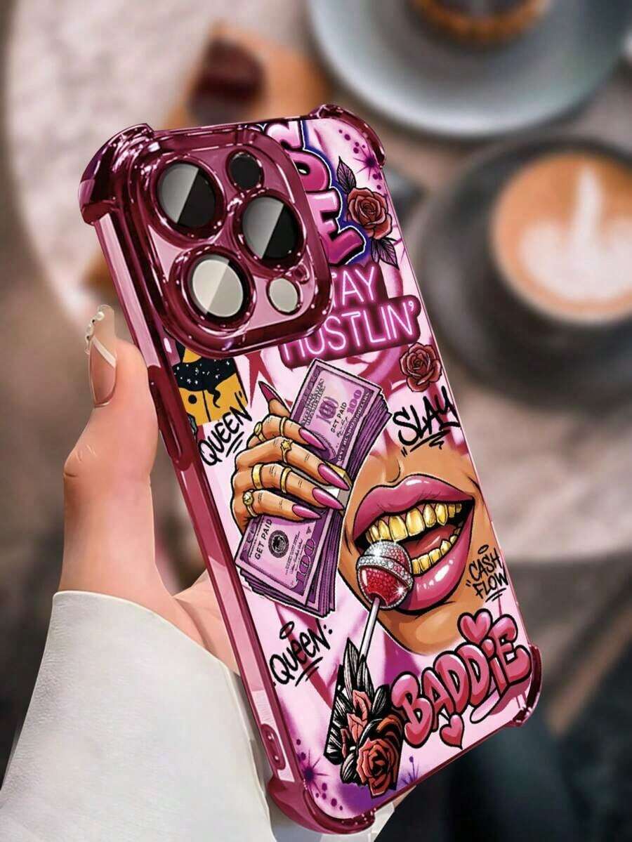 Una funda rosa para teléfono con acabado galvanizado y diseño artístico de "Baddie Queen", que incorpora protección de airbag en las cuatro esquinas para ofrecer una resistencia superior a las caídas y una excelente absorción de impactos. Un regalo festivo ideal para tu novia o para uso personal. Compatible con las series 17/16/15/14/13/12/11/XR/XS Max/XS/X. - Color 1 - Ver 1
