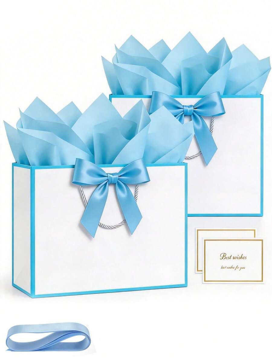 10/20个装蓝白礼品袋，中号11英寸，适用于生日派对、女生之夜、礼品包装，也适用于婚礼、性别揭晓派对、节日庆典礼品包装。