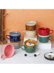 1个时尚陶瓷马克杯，家庭主妇牛奶杯，家用办公早餐杯，女士咖啡杯（蓝色，如图所示） - 彩色 - 查看 7