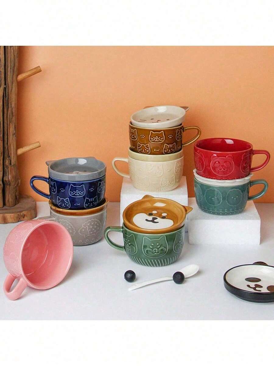 1pc/Set Stylish Housewife Ceramic Mug, Household Office Milk Breakfast Cup, Coffee Cup For Women (Blue Color As Main Image, Assorted Cartoon Colors) - Multicolor - View 1