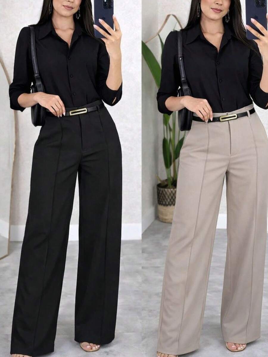 Kit 2 Women's Tailored Trousers With Belt - 黑色/米色 - 查看 1