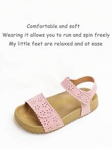 1 Pair Fashion Floral Solid Color Hollow Out Girls Hook And Loop Flat Sandals, Comfortable , Suitable For Outdoor Wear, Summer - Pink - View 8