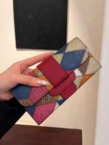 Women's Fashion Clutch Bag, PU Leather Patchwork Embossed Pattern Card Holder, Retro Minimalist Anti-Theft Tri-Fold Large Capacity Multi-Card Wallet Festival Graduation Teacher Appreciation Gifts Gift - Burgundy - View 3