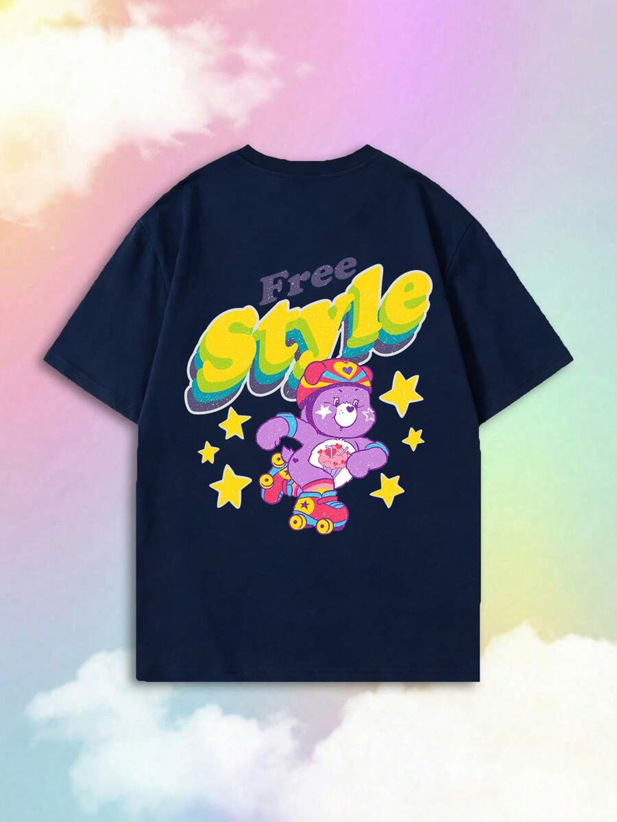 SHEIN | Care Bears 夏季女式短袖经典卡通紫色小熊轮滑自由式标语趣味图案T恤，融合了甜美酷炫的电子女孩风格。 - 藏蓝色 - 查看 1