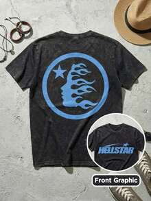 Blue Shooting Star Logo Graphic Tee Unisex Couple Matching Boyfriend Style Hell Star Double Sided Print Electric Color Y2K Aesthetic Acid Washed Cotton Graphic Tees Men Oversized T Shirt Summer Fits Camisetas Para Hombre,Mens Clothes,Graphic Tee,Summer Clothes,Summer Tops,Easter Fits,Spring Clothes ,Shirtssummer Outfits For Women O0LT - 黑色 - 查看 4