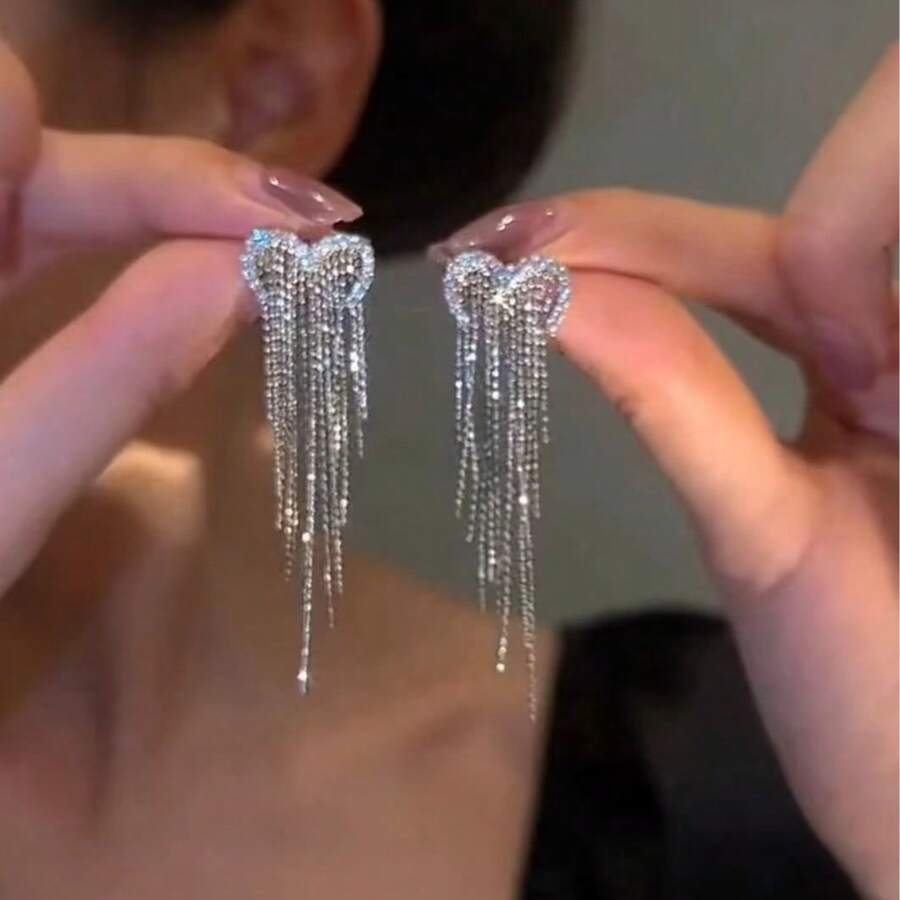 Elegant Heart Shaped Tassel Dangle Earrings | Sparkling Zirconia Fringe Earrings | Wedding & Prom Accessory For Ladies
