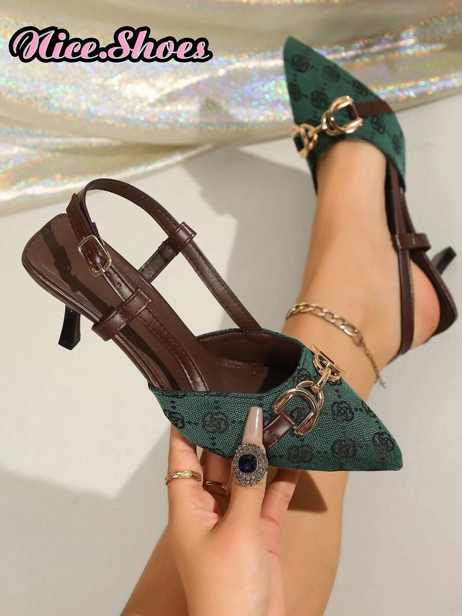 Giày sandal cao gót mũi nhọn, khóa kim loại, quai điều chỉnh được, họa tiết hoa retro dành cho nữ, kiểu dáng sang trọng, thanh lịch, phù hợp đi làm hàng ngày, dự tiệc, công sở, dự tiệc trà chiều, mùa xuân hè thu, màu be/xanh lá cây/nâu. - màu xanh lá - Xem 1