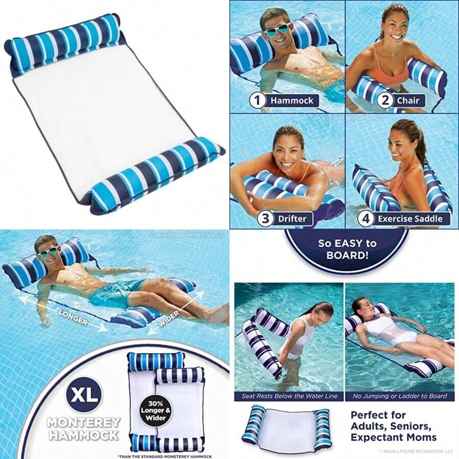 Aqua 4-in-1 Original Monterey Hammock XL Pool Float and Hammock - Multi-Purpose Inflatable Pool Floats for Adults - Patented Thick Non-Stick PVC Material Navy/White Stripe - Hamaca XL azul marino/blanco a rayas - Ver 1