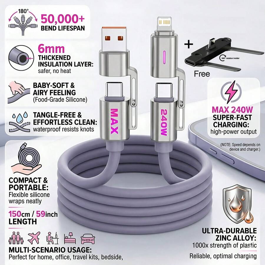 Cable de carga portátil PD con soporte, cable USB-C a USB-C, carga rápida de 240W, soporte de teléfono incorporado, cable de silicona líquida flexible tipo C con soporte en forma de T de 90 grados, 2 en 1 - Gris - Ver 1