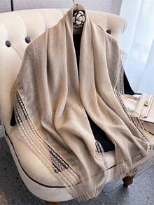 1pc Women's Elegant Solid Color Square Lace Trim Headscarf, Multifunctional As Headscarf, Shawl And Hair Accessory, Suitable For Use In Mosques, Fashionable Casual Accessory For Summer - 卡其色 - 查看 6