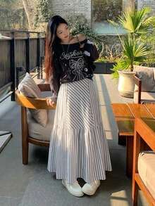 女士休闲条纹中长A字裙，百搭日常装 - 白色 - 查看 3