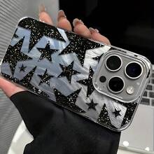 1个黑白星形图案闪光大理石纹理IMD羽毛雪纺亮面星形手机壳，兼容 16 Pro Max、17、16、15、14 Plus、13、12、11、Air系列，春季礼物及派对礼品 - 銀色 - 查看 5