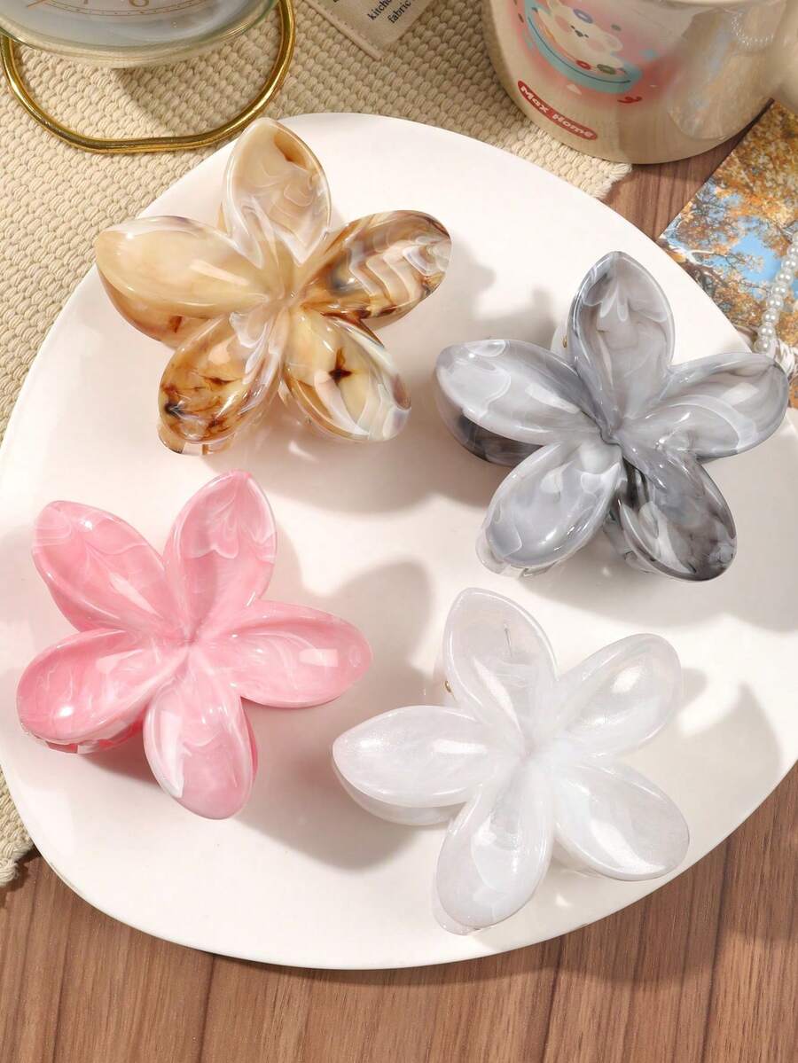 4个ABS材质粉灰渐变大理石纹花朵发爪夹，波西米亚风沙滩发饰，优雅发夹，冬季发饰 - 彩色 - 查看 1
