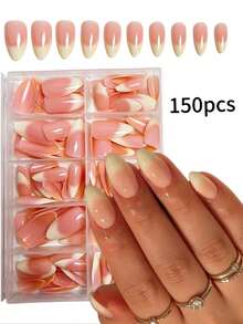 150片中号杏仁形极简风格假指甲 - 粉色渐变法式杏仁亚克力指甲贴片，极简风格，杏仁亚克力指甲，DIY按压式指甲，适合夏季女性和女士 - 彩色 - 查看 6