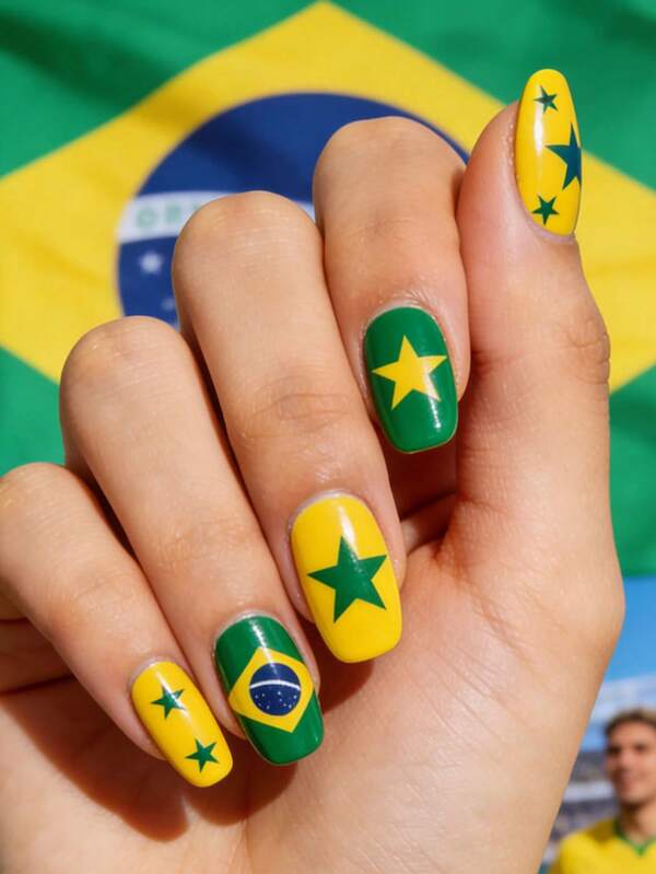 2026 Fußball-Weltmeisterschaft Nagel Sticker, Brasilien Nationalflagge Gelb Grün Kontrast Farbe Stern Design, Fußball Fan Künstliche Nägel