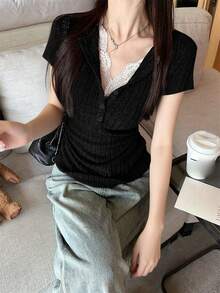 二合一针织短袖上衣，修身蕾丝边露脐T恤，甜美性感女孩休闲黑色夏季款 - 黑色 - 查看 2